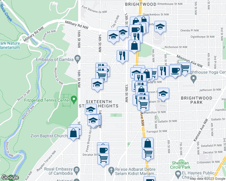 map of restaurants, bars, coffee shops, grocery stores, and more near 1343 Jefferson Street Northwest in Washington