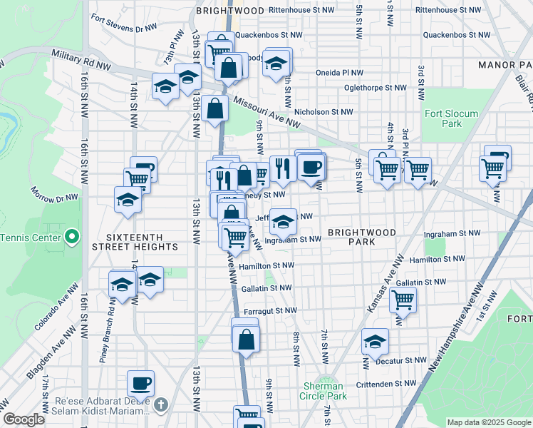 map of restaurants, bars, coffee shops, grocery stores, and more near 5401 9th Street Northwest in Washington