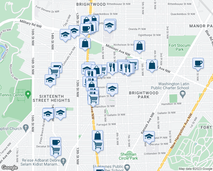 map of restaurants, bars, coffee shops, grocery stores, and more near 5405 9th Street Northwest in Washington