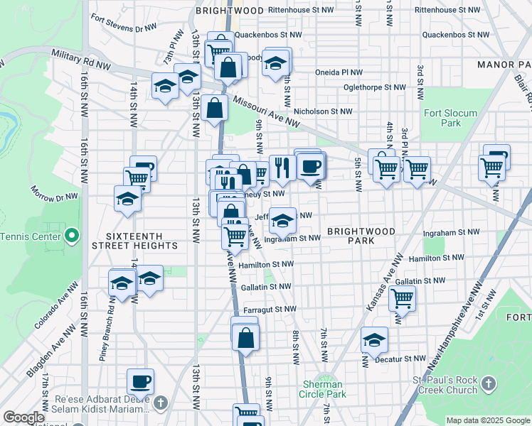 map of restaurants, bars, coffee shops, grocery stores, and more near 5401 9th Street Northwest in Washington