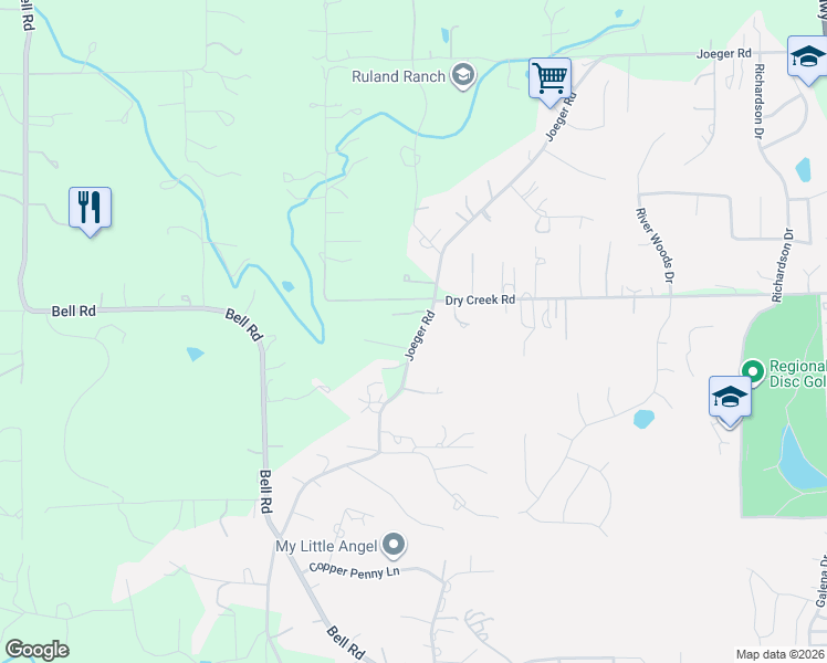 map of restaurants, bars, coffee shops, grocery stores, and more near 10935 Joeger Road in Auburn