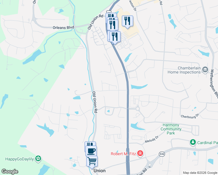 map of restaurants, bars, coffee shops, grocery stores, and more near 9513 U.S. 42 in Union