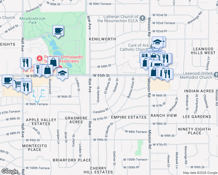 map of restaurants, bars, coffee shops, grocery stores, and more near 9601 El Monte Street in Overland Park