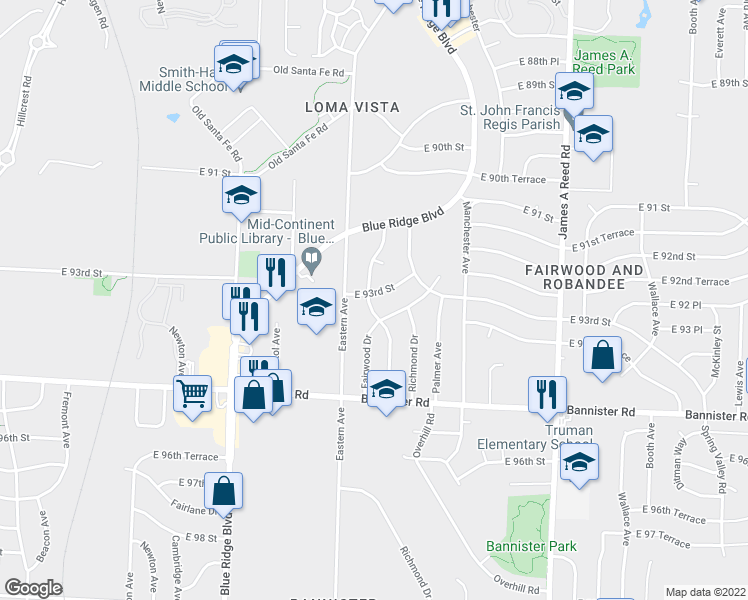 map of restaurants, bars, coffee shops, grocery stores, and more near 9301 Oakland Avenue in Kansas City