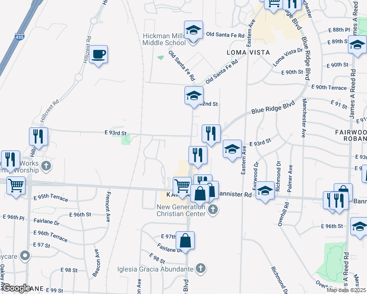 map of restaurants, bars, coffee shops, grocery stores, and more near 9320 Old Santa Fe Road in Kansas City