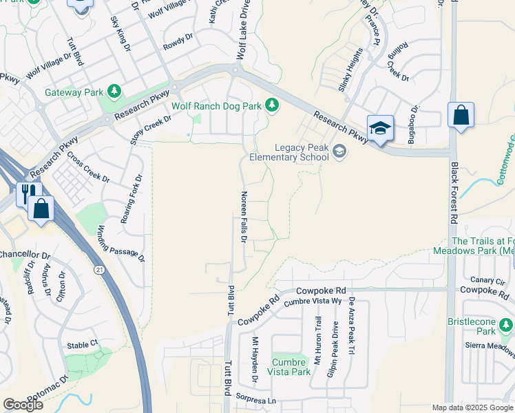 map of restaurants, bars, coffee shops, grocery stores, and more near 6047 Winnings Fork Way in Colorado Springs