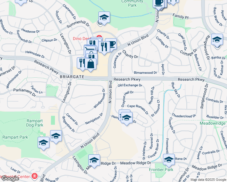 map of restaurants, bars, coffee shops, grocery stores, and more near 8160 Old Exchange Drive in Colorado Springs