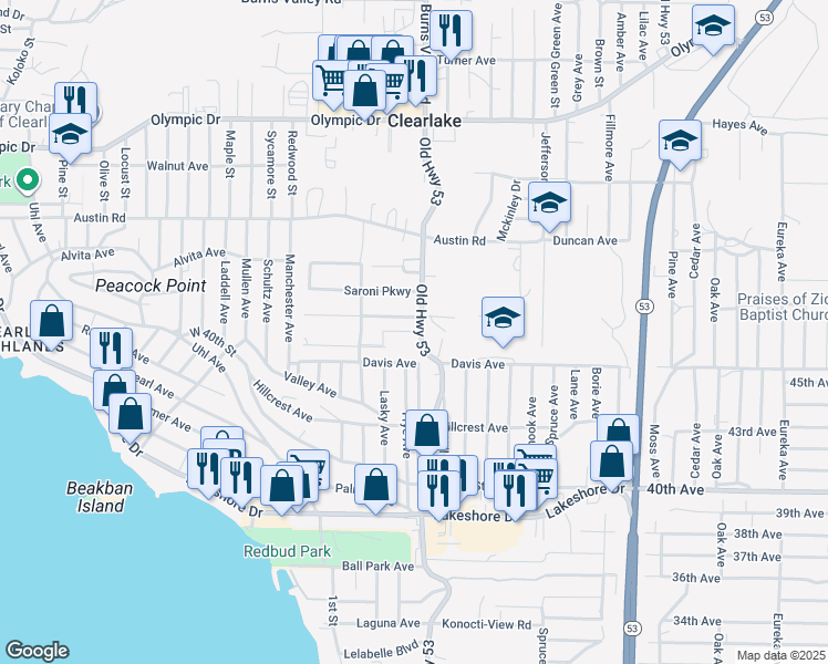 map of restaurants, bars, coffee shops, grocery stores, and more near 3935 Old Highway 53 in Clearlake