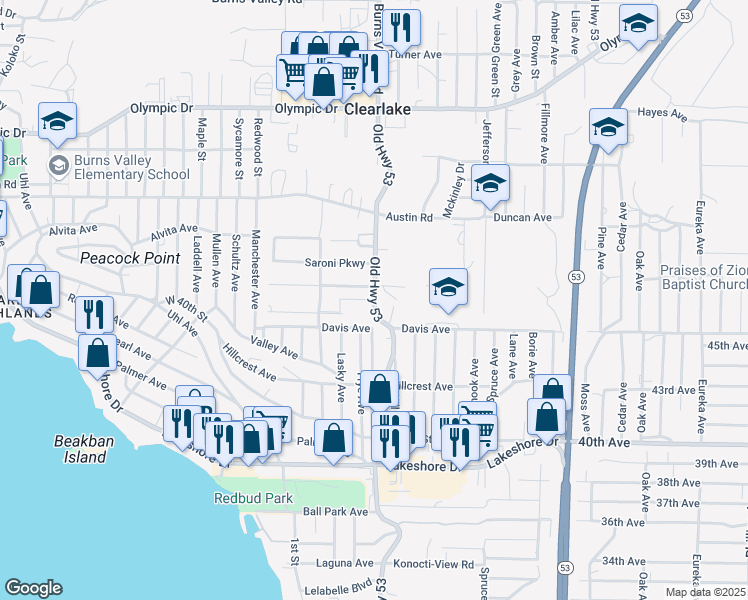 map of restaurants, bars, coffee shops, grocery stores, and more near 3933 Old Highway 53 in Clearlake