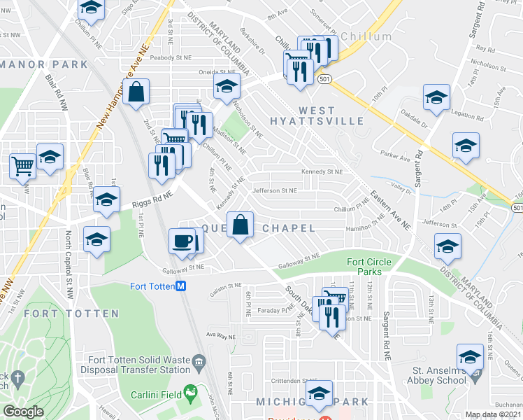 map of restaurants, bars, coffee shops, grocery stores, and more near 5372 Chillum Place Northeast in Washington