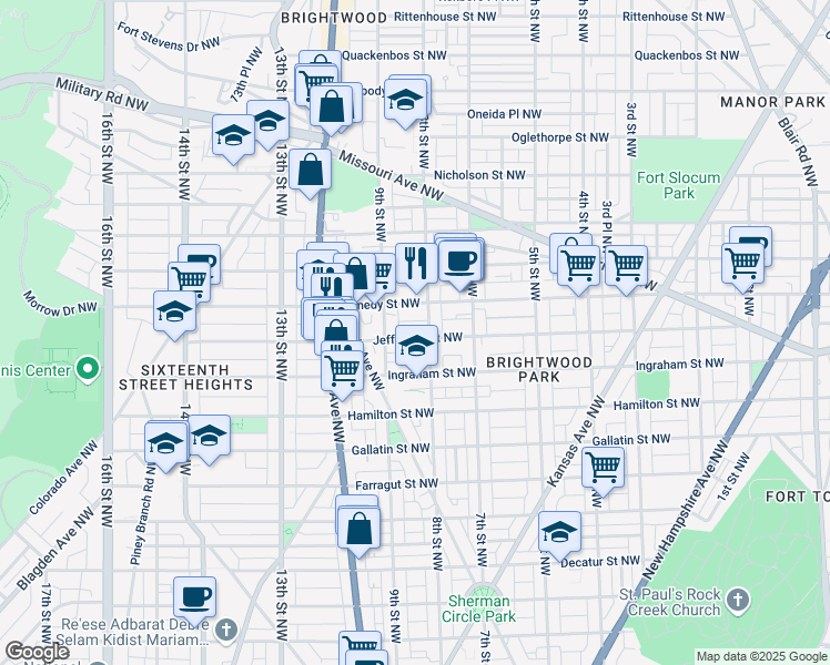 map of restaurants, bars, coffee shops, grocery stores, and more near 809 Jefferson Street Northwest in Washington