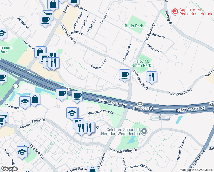 map of restaurants, bars, coffee shops, grocery stores, and more near 2101 Highcourt Lane in Herndon