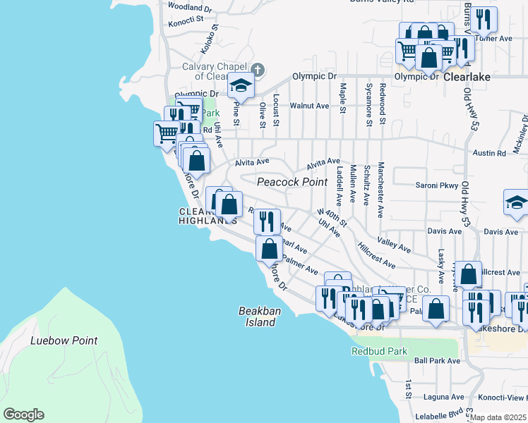 map of restaurants, bars, coffee shops, grocery stores, and more near 14360 Robinson Avenue in Clearlake