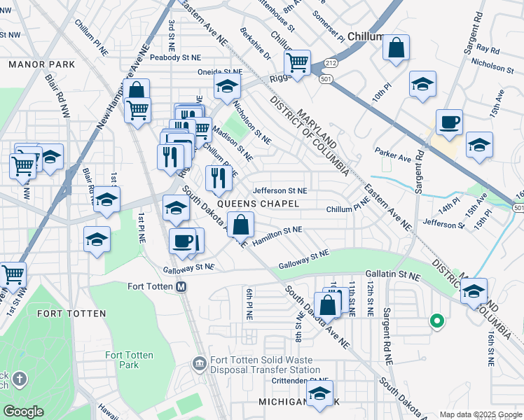 map of restaurants, bars, coffee shops, grocery stores, and more near 5372 Chillum Place Northeast in Washington