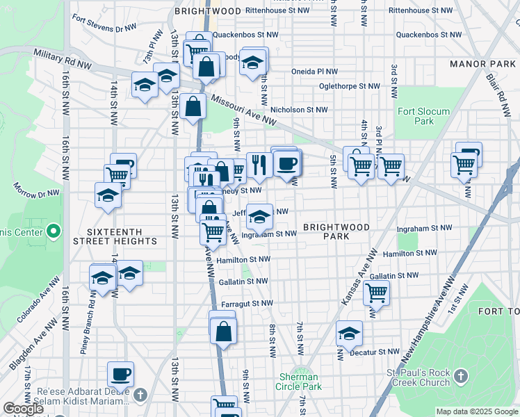 map of restaurants, bars, coffee shops, grocery stores, and more near 809 Jefferson Street Northwest in Washington
