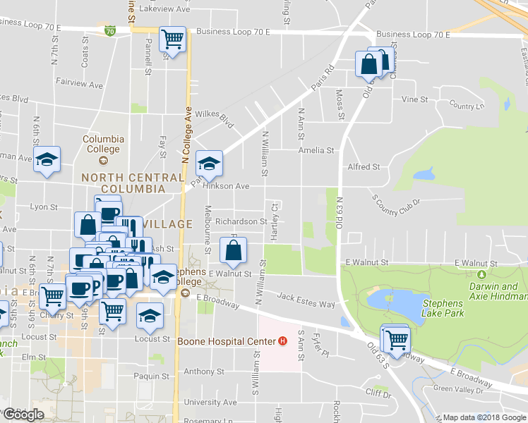 map of restaurants, bars, coffee shops, grocery stores, and more near 1598 Brighton Street in Columbia