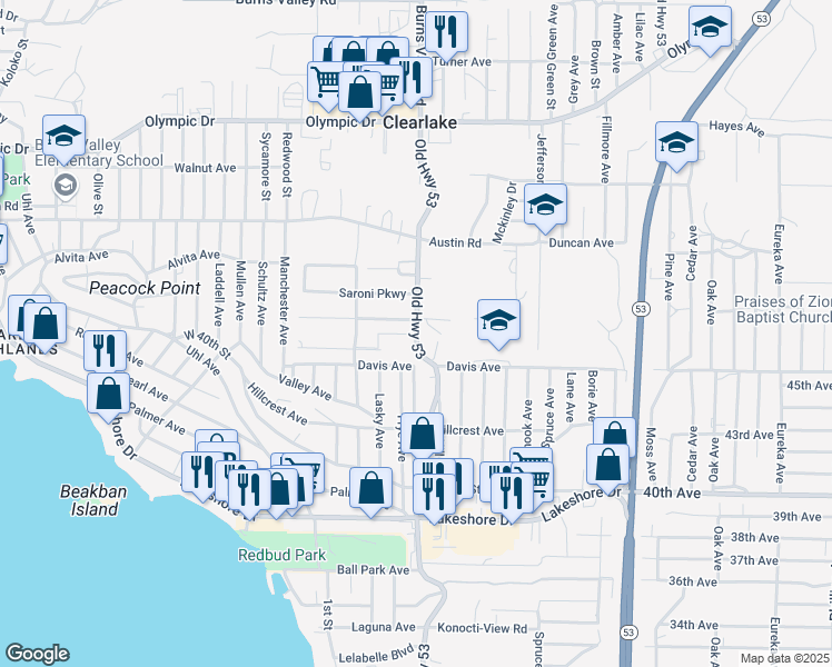 map of restaurants, bars, coffee shops, grocery stores, and more near 3931 Old Highway 53 in Clearlake