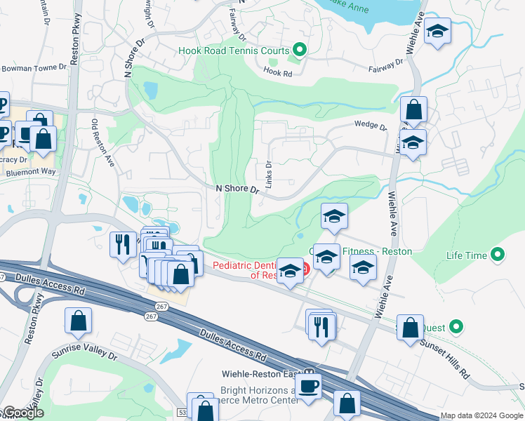 map of restaurants, bars, coffee shops, grocery stores, and more near 1815 North Shore Court in Reston