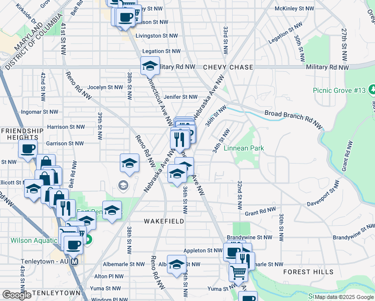 map of restaurants, bars, coffee shops, grocery stores, and more near 5015 Connecticut Avenue Northwest in Washington