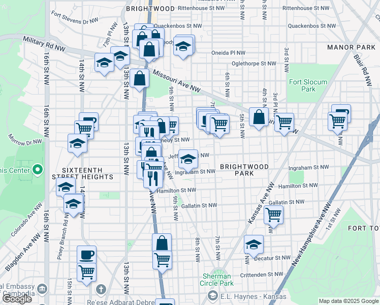 map of restaurants, bars, coffee shops, grocery stores, and more near 805 Jefferson Street Northwest in Washington
