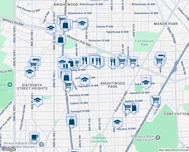 map of restaurants, bars, coffee shops, grocery stores, and more near 717 Jefferson Street Northwest in Washington
