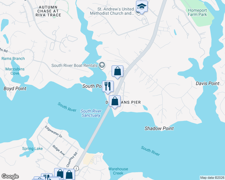 map of restaurants, bars, coffee shops, grocery stores, and more near 2824 Solomons Island Road in Edgewater
