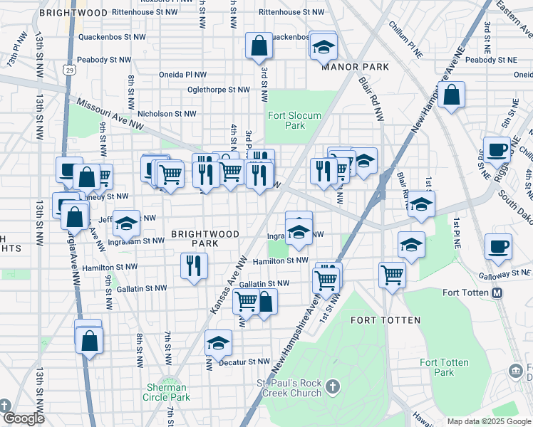map of restaurants, bars, coffee shops, grocery stores, and more near 3rd Street Northwest & Jefferson Street Northwest in Washington