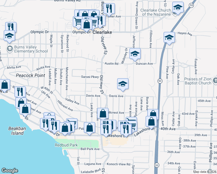 map of restaurants, bars, coffee shops, grocery stores, and more near 3960 Old Highway 53 in Clearlake