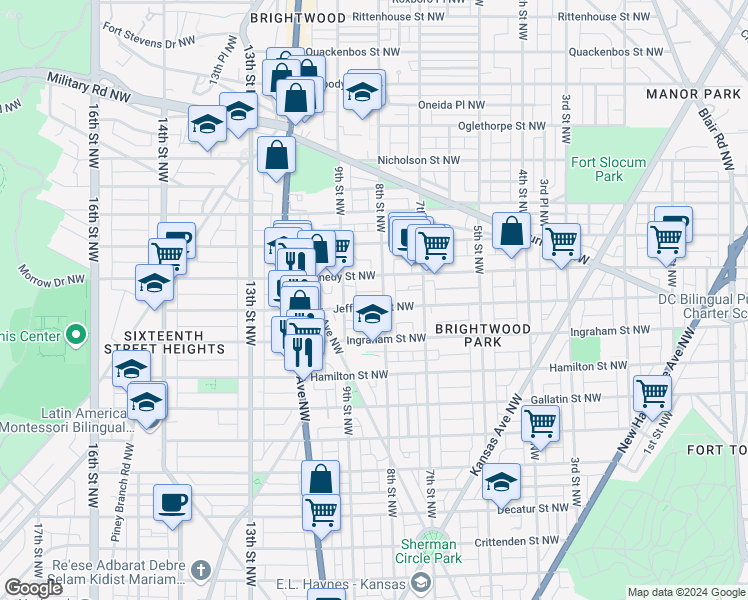 map of restaurants, bars, coffee shops, grocery stores, and more near 830 Jefferson Street Northwest in Washington