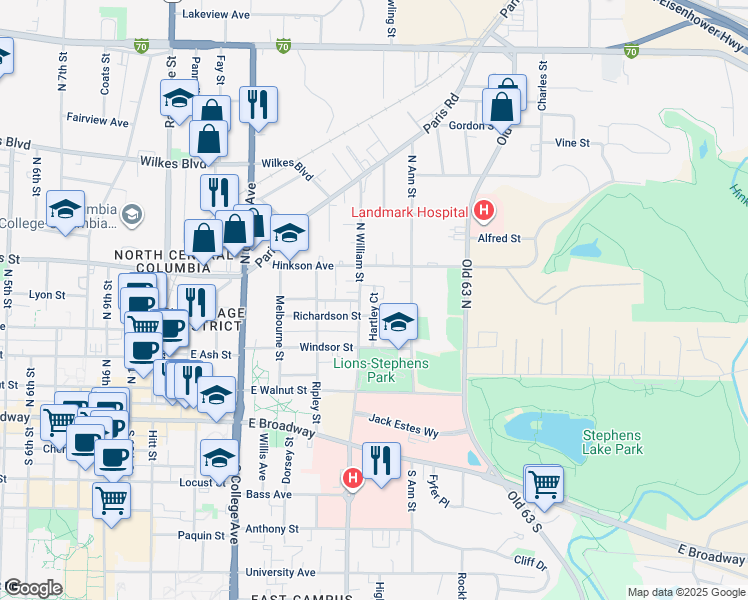 map of restaurants, bars, coffee shops, grocery stores, and more near 1604 Richardson Street in Columbia
