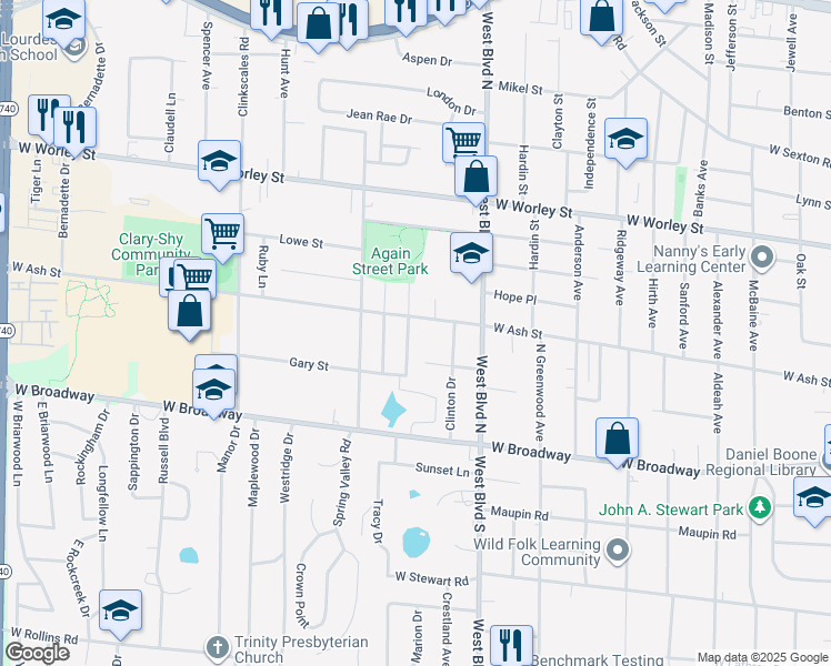 map of restaurants, bars, coffee shops, grocery stores, and more near 1107 Marygene Street in Columbia