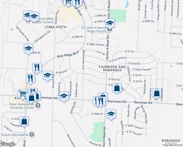 map of restaurants, bars, coffee shops, grocery stores, and more near 7903 East 93rd Street in Kansas City
