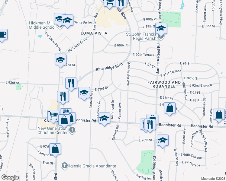 map of restaurants, bars, coffee shops, grocery stores, and more near 9307 Fairwood Drive in Kansas City