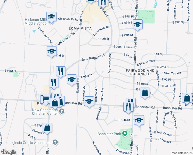 map of restaurants, bars, coffee shops, grocery stores, and more near 9307 Fairwood Drive in Kansas City
