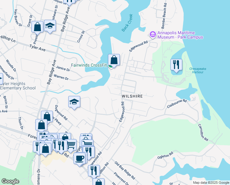 map of restaurants, bars, coffee shops, grocery stores, and more near 916 King James Landing Road in Annapolis