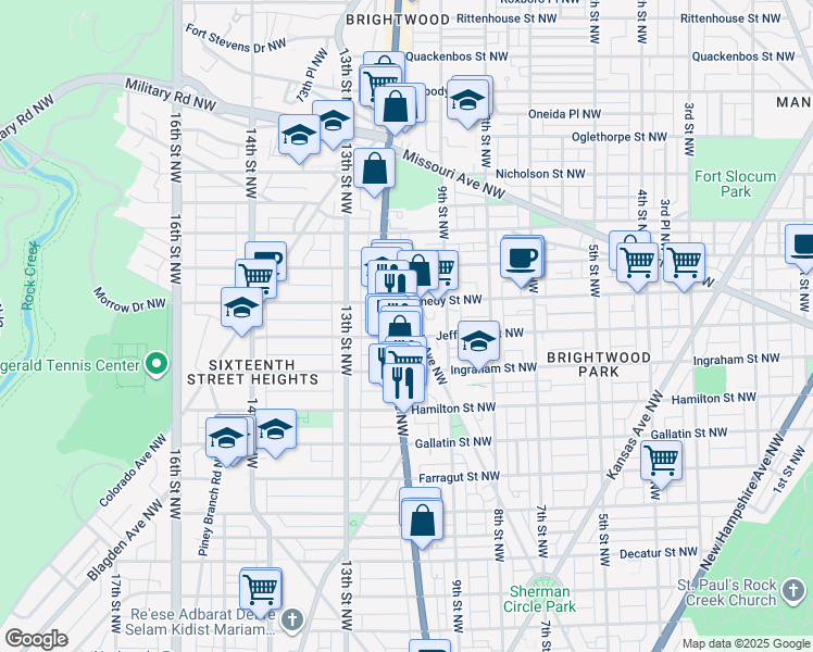 map of restaurants, bars, coffee shops, grocery stores, and more near 5404 Illinois Avenue Northwest in Washington