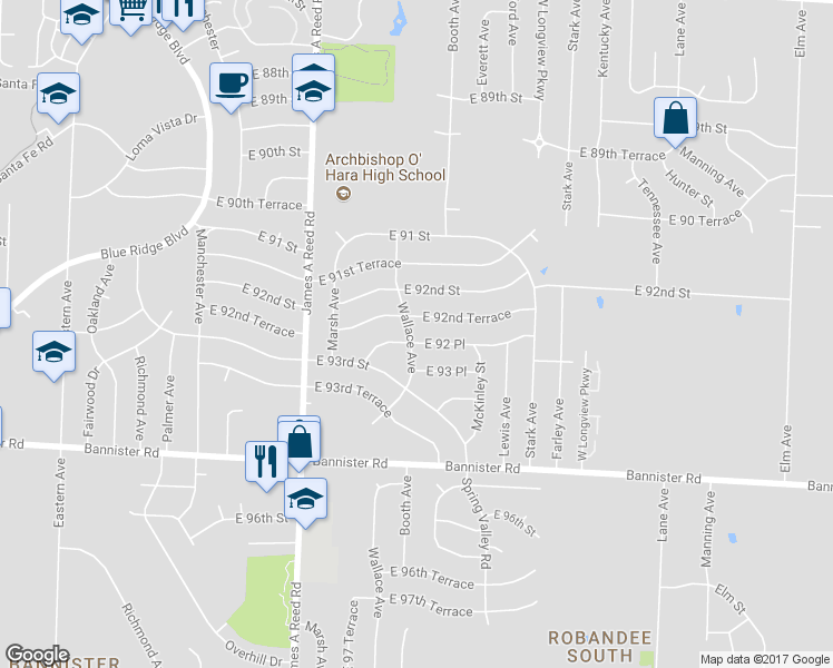map of restaurants, bars, coffee shops, grocery stores, and more near 8500 East 92nd Place in Kansas City