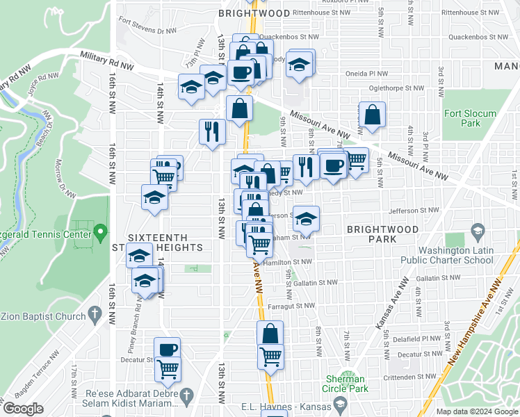 map of restaurants, bars, coffee shops, grocery stores, and more near 5404 Illinois Avenue Northwest in Washington