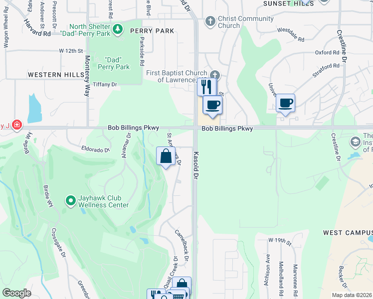 map of restaurants, bars, coffee shops, grocery stores, and more near 1534 Saint Andrews Drive in Lawrence