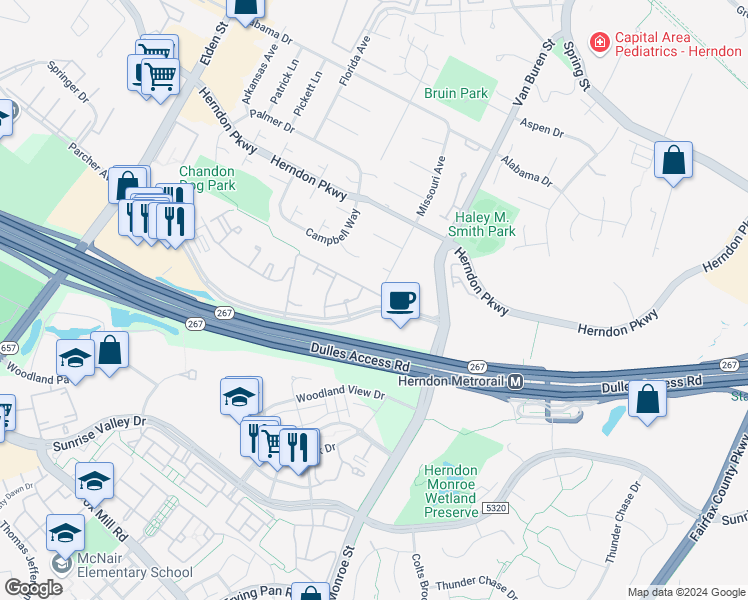 map of restaurants, bars, coffee shops, grocery stores, and more near 12195 Alton Square in Herndon
