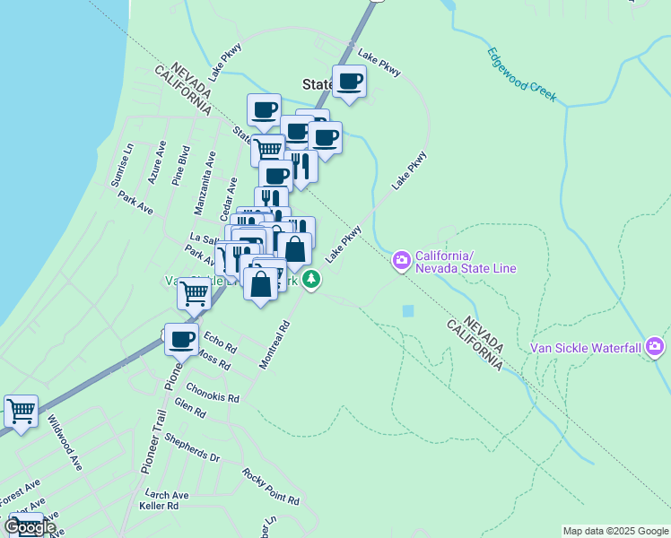 map of restaurants, bars, coffee shops, grocery stores, and more near 20 Lake Parkway in South Lake Tahoe