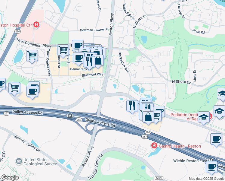 map of restaurants, bars, coffee shops, grocery stores, and more near 11800 Sunset Hills Road in Reston