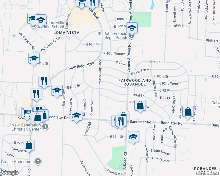 map of restaurants, bars, coffee shops, grocery stores, and more near 7903 East 93rd Street in Kansas City