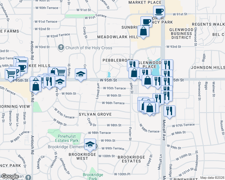 map of restaurants, bars, coffee shops, grocery stores, and more near 7724 West 96th Street in Overland Park