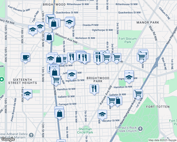 map of restaurants, bars, coffee shops, grocery stores, and more near 619 Jefferson Street Northwest in Washington