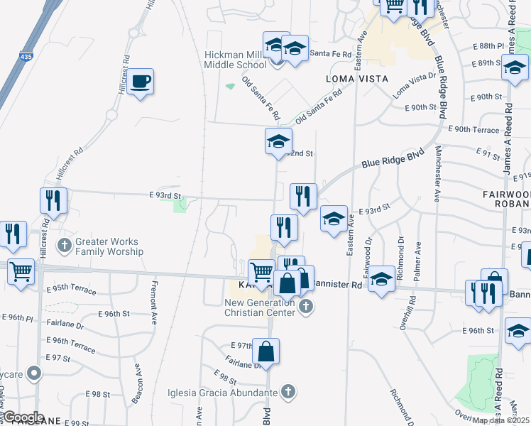 map of restaurants, bars, coffee shops, grocery stores, and more near 9340 Blue Ridge Boulevard in Kansas City