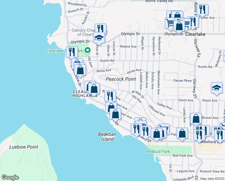 map of restaurants, bars, coffee shops, grocery stores, and more near 14385 Uhl Avenue in Clearlake