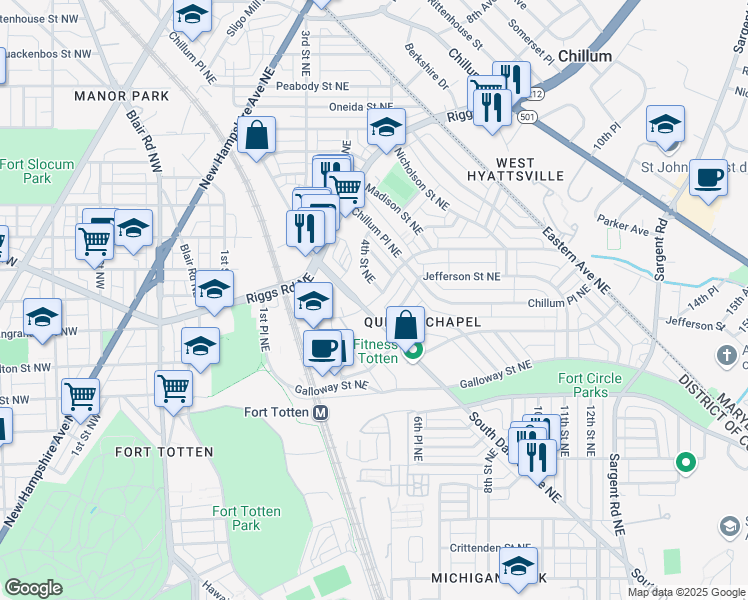 map of restaurants, bars, coffee shops, grocery stores, and more near Kennedy Street Northeast in Washington