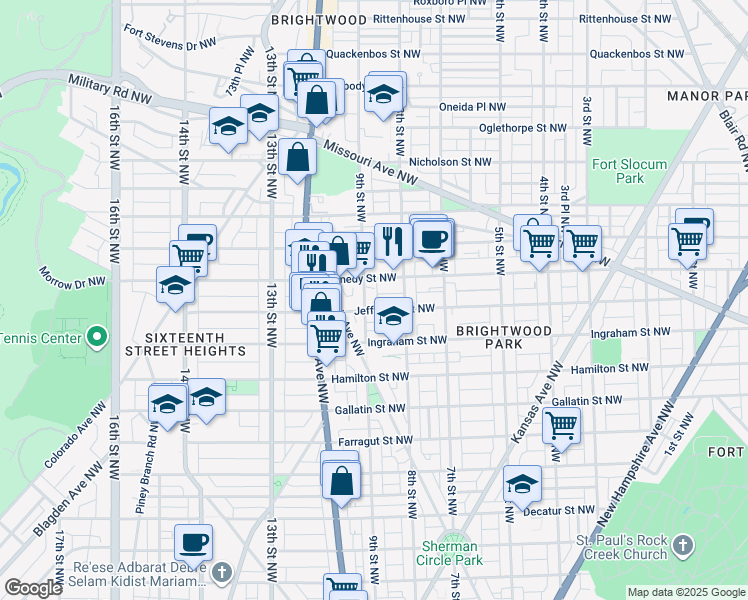 map of restaurants, bars, coffee shops, grocery stores, and more near 5405 9th Street Northwest in Washington