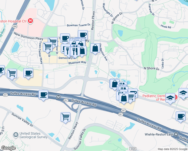 map of restaurants, bars, coffee shops, grocery stores, and more near 11800 Sunset Hills Road in Reston